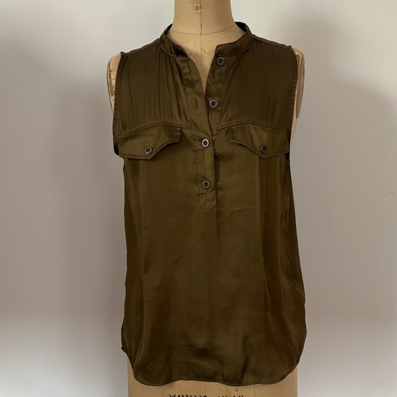H&M Dark Olive Poly Satin Chic Sleeveless Blouse 6 - Picture 1 of 8
